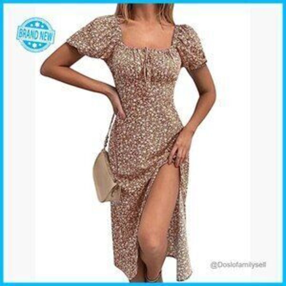 Floral Boho Midi Dress Square Neck Puff Sleeve Ruched Bust High Waist Split - Picture 2 of 5